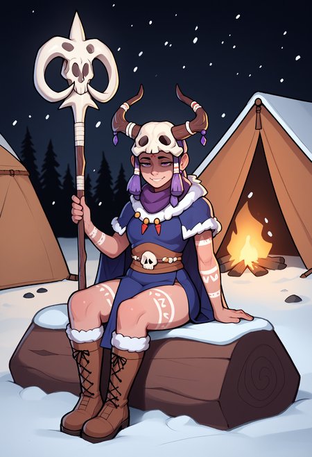 score_9,score_8_up,score_7_up BREAK 1girl, solo, animal skull on head, tribal, horn ornament,  shaded face, pelvic curtain, overskirt, fur trim, fur-trimmed boots, shaman, snow, tent, three-quarter portrait, purple eyes, staff, old wood, mystic, over-kneehighs, sitting, rock, snow, bonfire, sparks, embers, night, black background, light smile, half-closed eyes,