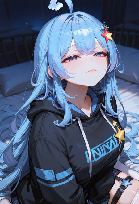 <lora:HandFixer_pdxl_Incrs_v1:1>, <lora:ê·¸ë¦¼ë³´ì  ìì ê¸°:0.5>,  <lora:ê·¸ë¦¼ë³´ì  ponyv6_noobV1_2_adamW-000017:1>, <lora:add-detail-xl:1.5>, <lora:NOOB_EPSv1_1_detailer_by_vlnvk_v1_0:1.5>, <lora:ê·¸ë¦¼ë³´ì  ìì¸íë:1>, <lora:ratatatat74_XL_v2:0.8>, <lora:748cmSDXL:0.6>, masterpiece, best quality, amazing quality, distinct, super_detail, very aesthetic, absurdres, highly detailed, Illustration, score_9, score_8_up, score_7_up, score_6_up, 1girl, solo, 
(upper body:1.5), incredibly absurdres, sketch, light smile, looking at viewer, on bed, wariza, half-closed eyes, from above, foreshortening, ,dim lighting, dark, depth of field, black hoodie, white thighhighs, white tank top, 
<lora:ìºë¦­í°_ëë°ë¤:1>, blue_eyes, blue_hair, large_breasts, long_hair, very_long_hair, ahoge, hair_ornament, thigh_strap, garter_straps, star_hair_ornament, star_(symbol), striped,