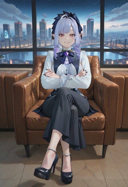 masterpiece, best quality, amazing quality, very aesthetic, absurdres, newest, scenery, volumetric lighting, perfect eyes, ultra detailed, high heels, platfor high heels, focus feet, sitting, crossed legs, full body,
1girl, Vivian, solo, purple hair, hair ringlets, ahoge, blue hairband, hair bow, hair ornaments, pointy ears, red eyes, double iris, purple inner iris, slit pupils, black nails, white hair strands,
high collar, double bowtie, purplebowtie gem, nobility dress, black and white dress, dress buttons, dress frills,
 looking at viewer, parted lips, sly smile, evil grin, crossed arms, looking down, from below,
city landscape, river river reflections, city lights, nightime, detailed background, beautiful frame, clouds, stars,
<lora:Vivian_-_Zenless_Zone_Zero_ZZZ_-_Illustrious:1>
masterpiece, best quality, amazing quality, very aesthetic, absurdres, newest, scenery, volumetric lighting, perfect eyes, ultra detailed,