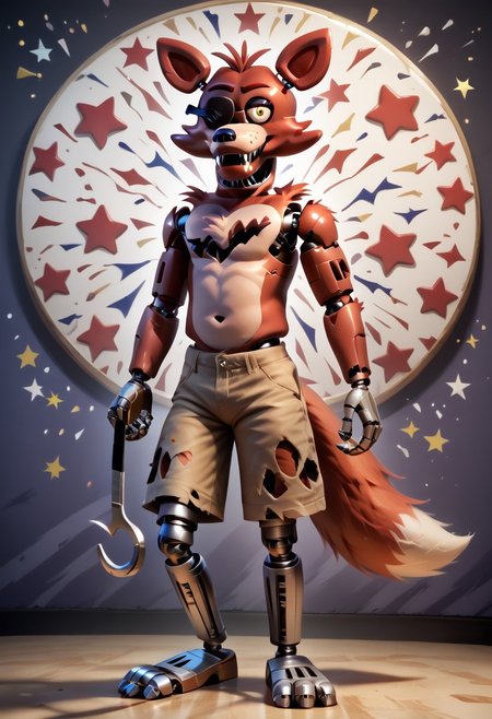 score_9, score_8_up, score_7_up, solo male, FoxyPirateFNAF1, yellow eyes, hook hand, hook left hand, robot, withered animatronic, robot joints, animatronic, damaged body, red fur, brown shorts, torn clothing, chest tuft, head tuft, cheek tuft, shoulder tuft, metal legs, fox tail, fangs, biped, smirk, smug, grin, standing, raised hand, bent legs, spread legs, perfect hands, full-length portrait, standing, cool, psychedelic background, star pattern, confetti, looking at viewer, 
BREAK
highly detailed, shading, highres, Masterpiece, perfect lighting, zPDXL3, detailed background