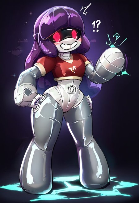 (score_9), score_8_up, score_7_up, score_6_up, [score_5_up, score_4_up], (solo:1.2), (MD-Doll), robot, (glistening, glistening body, very shiny glossy reflective inflatable, shiny highlights, (toy proportions:1.5)), (living inflatable, seams, featureless hands, featureless feet, bappers, grey bappers), animate inanimate, (short, curvy, bottom heavy, wide hips), (hair, long purple hair), shocked, confused, worried, implied transformation, after transformation, simple background, painted-on smile, permagrin, very shiny, glossy, pooltoy, toy nozzle on stomach, toy handles, black visor, red eyes, [painted-on clothes, painted-on red crop top, painted-on red boot bappers, mechanical arms, mechanical legs], blushing, embarrassed, fingerless, perfect lighting, legs apart, standing