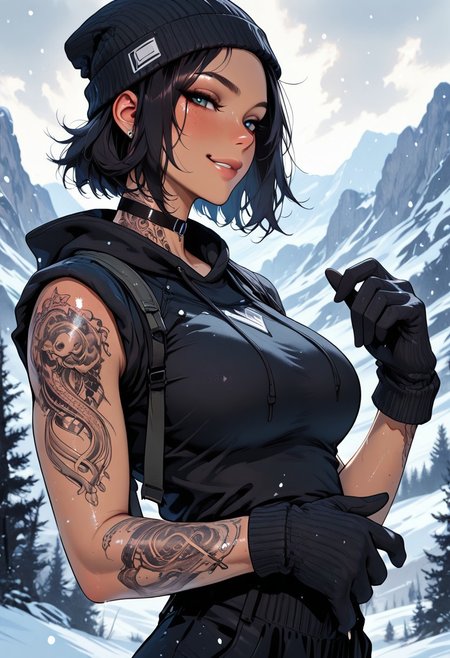 highres, very detailed, amazing quality, masterpiece,
very aesthetic,
glitter, particle effect,
1girl, solo, tan skin, toned arms, Covered in Tattoos, tattoo, arm tattoos, neck tattoos, chest tattoos, hoodie, beanie, large breasts, choker, knit gloves, visible shoulders, sleeves rolled up, forearms visible, 
seducing, seductive, flirty, tender, loving, playful, looking at viewer, smirk, 
Hiking on a mountain, snowing, Cloudy Sky,
