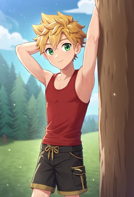 connor, blonde hair, bangs. spiky hair, short hair, green eyes, camp buddy, boy, solo, young, medium build body, wear red tank top, wear black shorts, outdoor, sunny day, clear sky, standing,