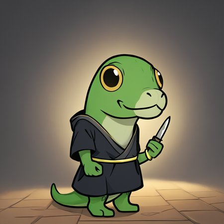 score_9, score_8_up, score_7_up, score_6_up, rating_safe,  <lora:prikkiki-ti:0.8> prikkikiti, green skin, nostrils, lizard tail, black kimono, loose clothes, reptile, bracelet,  <lora:paper_mario_style:1> paper_mario_style, holding knife
