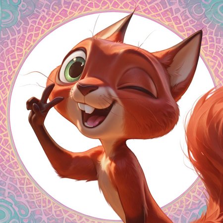 masterpiece, absurdres, amazing quality, photorealistic, ultra-detailed, solo, male focus, from side, chibi, furry male, 1boy, chip_superpet, red fur, green eyes, one eye closed, crooked whiskers, chipped tooth, buck teeth, open mouth, happy, smile, tongue, fluffy tail, slim, body fur, brown hands, cute, upper body, portrait, close-up, turning head, looking at viewer, hand up, v over eye, 
BREAK 
psychedelic background, patterned background, pastel colors, g0thic, neon, shadow, detailed shading, glowing, backlighting, WaiIL25PosC