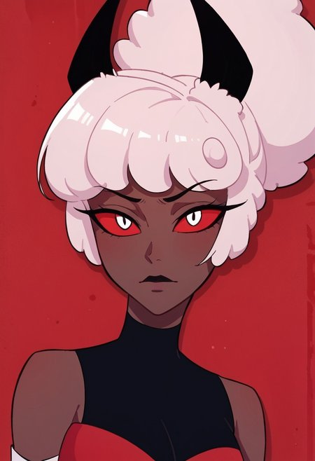 score_9, score_8_up, score_7_up,
masterpiece, best quality, detailed, amazing quality,
detailed background,
detailed eyes, clean eyes, 
dynamic pose,
solo, 1woman, woman,
easynegative,
c4rl4_c4rm1n3, white hair, dark skin, red white eyes, black horns