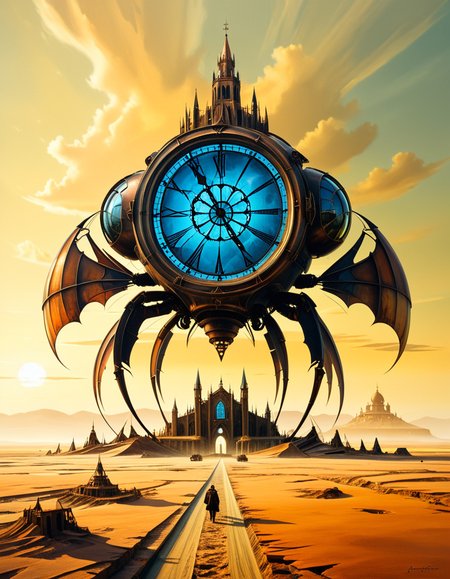 A surreal, dreamlike painting in the style of JarosÅaw Jasnikowski, depicting a gigantic mechanical insect-like cathedral walking across a cracked desert landscape. The cathedral is mounted on insect legs made of bronze and copper, with gears and steam vents along each joint. The architecture is gothic, with tall spires, stained glass windows glowing from within, and massive rotating clock faces embedded in its towers. In the background, a distorted horizon under a greenish-yellow sky, with floating islands and broken bridges suspended mid-air. A small group of cloaked figures watches the walking structure from the foreground, their long shadows cast across the dry, dusty ground. The entire scene is bathed in a surreal light, blending soft golds and dark shadows, giving it a mystical and post-apocalyptic atmosphere. Details are rich with fine mechanical engravings, absurd physics, and metaphysical symbolism, echoing Jasnikowskiâs signature surrealism and imaginative science-fiction fantasy.<lora:SDXLFaeTastic2400:0.4> <lora:extremely_detailed:0.4> extremely detailed, <lora:JarosÅaw_J4sn1k0wsk1_r1:1>,JarosÅaw J4sn1k0wsk1, Masterpiece,best quality,hi res,8k,hi res,8k,award winning,(sharp focus, intricate, highly detailed),