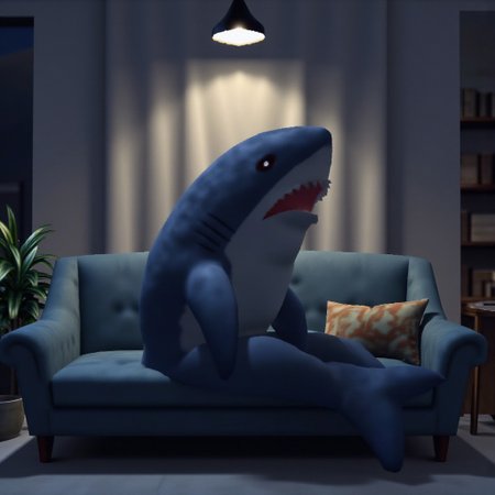 blahaj plush shark sitting on couch. flat lighting, low resolution, crt scanlines, low poly
