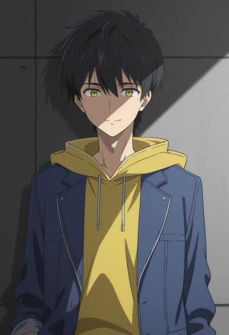 masterpiece,best quality,amazing quality, source_anime, 
KurouSakuragawa, 1boy, male focus, solo, yellow eyes, black hair, hoodie, yellow hoodie, hood, jacket, blue jacket, open jacket, smile,