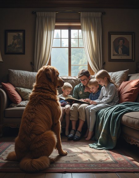 sci-fi art by Donato Giancola, a cozy living room filled with soft blankets and fluffy pillows. A dog, named Mittens, sits in front of him, his furry body covered in pink eyes and big brown hair. His tail is curled around him as he reads aloud to the children, who are watching them playfully. The scene is filled with laughter and joy, as if Mittens has just left her house. Fantasy art, science fiction illustration, classical techniques, mythological themes, epic narratives, movie poster style, fine artistic composition, very inspirational, fabulous colors, modifiedâââ