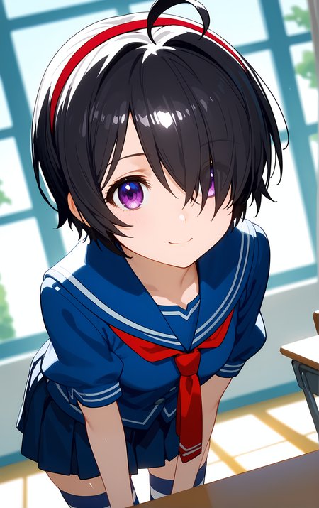 (score_9, score_8_up, score_7_up), standing, leaning forward, looking at viewer, light smile, closed mouth, shiny skin, tight clothes,
ohwx, 1girl, solo, purple eyes, black_hair, hairband, short_hair, hair_over_one_eye, ahoge, red_hairband,
school_uniform, thighhighs, striped_clothes, striped_thighhighs, serafuku, skirt, zettai_ryouiki,
window, sunlight, classroom,
blurry, cowboy shot, dutch angle, close-up,
 <lora:kimi_sato_pony_ss:0.9>
