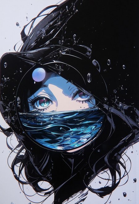 sbfte, de01, detail eyes, magic eyes, 8k.
A pen and ink style expressionism painting. Portrait of a female detective scowling into a magnifying glass. The glass is crystal clear, showing a water portal through the glass. The detective is wearing a black suit that emanates her shadowy figure. 
Anime art of Detective draped in shadows with a lighting that enhances her unique features. Ultra detailed artistic abstract.