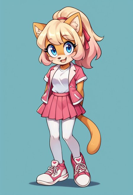 score_9, score_8_up, score_7_up, score_6_up, score_5_up, score_4_up, j3n, 1girl, Full body, solo, furry female, cat ears, fluffy tail, bushy tail, blonde fur, blonde hair, ponytail, pink hair ribbon, blue eyes, pink jacket, open jacket, white shirt, short sleeves, pleated skirt, pink skirt, white thighhighs, cotton tights, sneakers, happy, standing, legs together, arms at sides