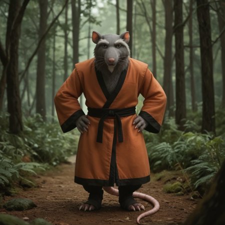 score_9, score_8_up, score_7_up, score_6_up, score_5_up, score_4_up, source_furry, Splinter03v2, semi-anthro, male, rat, grey fur, brown eyes, rat tail, red-orange kimono, standing, in a forest, hands on hips,