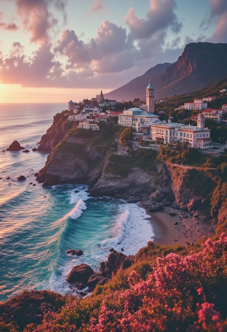 A lavish and ostentatious dwelling in a lush and colorful environment along a craggy coastline with lapping waves and puffy clouds, sunset, Erin Hanson, Donato Giancola, Nicolas de Stael, cinematic lighting, long shadows, saturated contrast.  Adding depth to the composition. High resolution, high detail. Highly detailed. <lora:Instant camera portrait photography V2.0.safetensors:1.0>,  <lora:Dark side of light.safetensors:0.55>,  <lora:aidmaFLUXPro1.1-FLUX-v0.3.safetensors:1.0>,  <lora:Glitchcore_Flux.safetensors:0.8>,