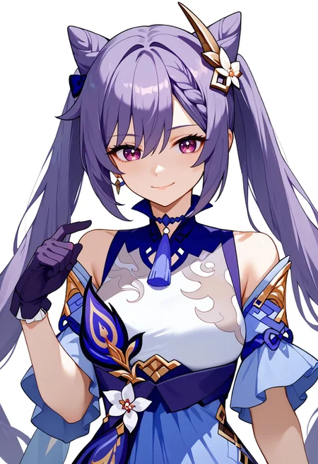 score_9,score_8_up,score_7_up, <lora:keqing_genshin_impact_pdxl_goofy:1>keqing \(genshin impact\),1girl, arm support, braid, breasts, closed mouth, cone hair bun, detached sleeves,bare shoulders,  dress, gloves, hair between eyes, hair bun, long hair, looking at viewer, medium breasts, neck tassel, purple gloves, purple hair, short sleeves, smile, solo, twintails, upper body,white background,
