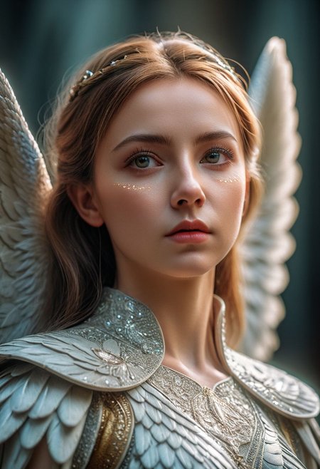Fine Art Portrait, zoomed out, 135 mm, DLSR, Nikon D7000, macrophotography, angel, godsworn, angelic, (((multiple eyes on head and sides))), ultra detailed facial features, enchanting, volumetric lighting, realistic subsurface scattering , cinematic low-key portrait photography, hyper detailed, texture, 8k, HD, UHD, perfect texture, featured on Artstation, top of Pinterest