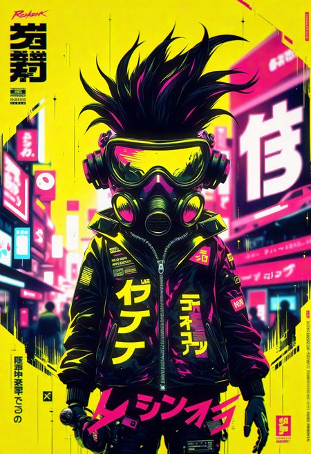 bo-cpposter,  futuristic portrait of a figure wearing a sleek gas mask and stylized helmet, exuding an edgy urban vibe. The character has wild, tousled hair and is dressed in a fitted black jacket adorned with neon accents, set against a vibrant backdrop. Utilize a color palette dominated by bright yellows, electric pinks, and deep blacks, creating a high-contrast, cyberpunk aesthetic. Incorporate graphic elements and abstract shapes that evoke a sense of movement and energy. The setting should suggest a bustling cityscape with neon signage subtly blurred in the background, creating depth. Aim for a hyperrealistic style that emphasizes sharp details, showcasing the character's intense expression and unique attire. , <lora:Flux\boFLUX Cyberpunk Poster.safetensors:1.4000000000000001:1.4000000000000001>
