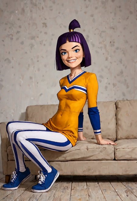 score_9, score_8_up, score_7_up, 1girl, dynamic pose, cowboy shot, light smile, looking at viewer, sitting on couch, simple background, 
 <lora:Theresa Fowler ( Randy Cunningham: 9th Grade Ninja ):1.1>,Theresa Fowler, solo, 1girl, short hair, purple hair, ponytail, gold hair band, blue eyes, gold cheerleader uniform, long sleeves, black and white stripe pattern leggings, blue shoes, flat stomach,wasp waist