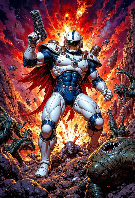 A dynamic action scene featuring Earthworm Jim, the iconic video game character, in his super-suit. He stands heroically, holding his blaster gun, surrounded by chaotic, alien landscape with craters and weird creatures. The suit is shiny, with vibrant white and blue colors, contrasted by the deep red and brown of the alien planet. The atmosphere is intense, with bright, colorful explosions in the background. Comic book-style details with exaggerated motion lines and vibrant colors.   <lora:FluxMythP0rtr4itStyle:0.8> MythP0rt,  <lora:flux.1_lora_flyway_Epic-Characters_v1:0.33>  <lora:aidmaMJ6.1-FLUX-V0.1:0.6> midjourneyv6.1,