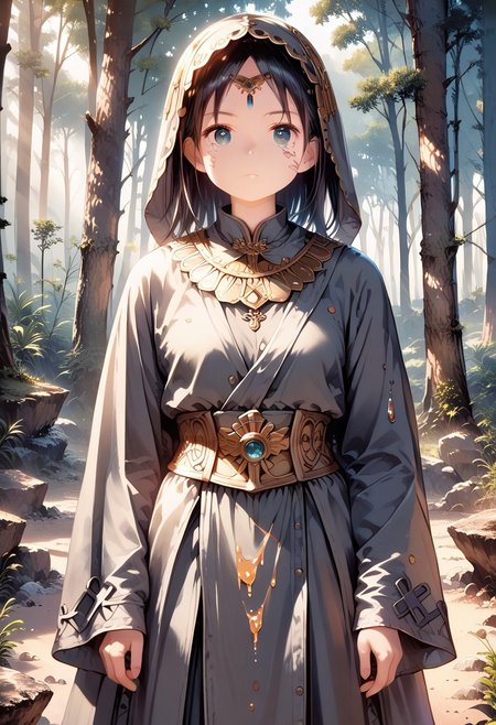 score_9, score_8_up, score_7_up, 1girl, FujisakaLP, high definition eyes, (masterpiece), (best quality), (ultra detailed),(illustration), beautiful girl in gray robe standing in the dark forest, epic style, octane render, desert composition, beautiful face, hyperrealistic, oil on canvas, award-winning, masterpiece,