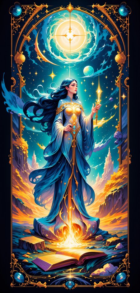 "A stylized Tarot card named 'The Holographic Priestess,' depicting a mystical figure standing before a portal of swirling, digital light. The Priestess is dressed in a flowing robe of luminescent fabric that ripples like liquid silver, her eyes glowing with the knowledge of the cosmos. She holds a glowing scepter in one hand, and a book of ancient, encrypted runes in the other, from which light cascades like a waterfall of data. The backdrop is a fusion of abstract, digital landscapes and vibrant, cosmic swirls, creating a sense of infinite knowledge and power. The cardâs border is adorned with a mix of delicate floral patterns and intricate circuit designs, all glowing with a soft, ethereal light."
<lora:abstract_render_flux:0.4>,<lora:Painted_World_Flux:0.8>,<lora:Dreamwave_FLUX:0.6>,<lora:dreamlands_flux:0.6>,
