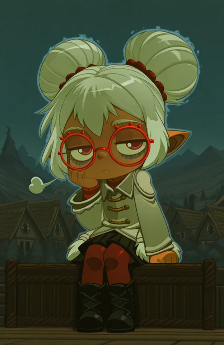 <lora:anatomy_helper:0.8> 1girl, solo, full body, <lora:Bleedman:1> bleedman,
<lora:LilPurah-IL:0.8> prhmini, red eyes, red-framed eyewear, red-framed eyewear, dark-skinned female, white hair, double bun, chibi, pointy ears, winter outfit, cape coat, midi skirt, pantyhose, lace-up boots, turtleneck,
 village, gloomy, downcast eyes, frown, hunched shoulders, bord, gloomy aura, expressionless,  lowered eyelids,  bags under eyes, sigh, depressed,, solo, sitting , pondering pose , head_rest , knees together ,,, extremely detailed, highres, masterpiece, best quality