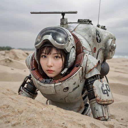 score_9,score_8_up,score_7_up, shiny oild skin, wet, sweat, looking at viewer, 
MKrieger, science fiction,  grey sand, regolith, craters, smoke on horizon,mecha, robot,action, kow_yokoyama, (SAFS), pilot_inside, fully_open_hatch, 1girl, exotic face, short hair,  helmet, upper body, 
 <lora:Maschinen_Krieger_Pony:0.75>