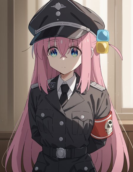 score_9, score_8_up, score_7_up, source_anime, hitorigotou, <lora:hitori-gotou-s1-ponyxl-lora-nochekaiser:1>, hitori gotou, blue eyes, cube hair ornament, hair between eyes, hair ornament, pink hair, one side up, long hair, medium breasts,, <lora:warden-ponyxl-lora-nochekaiser_r1:1>, skull hat ornament, uniform, military uniform, black uniform, hat, cap, black cap, armband, collared shirt, black necktie,, indoors, hands behind back,, cowboy shot,
