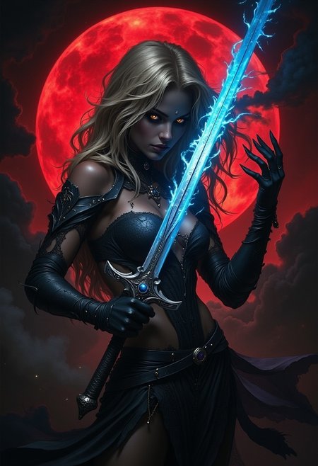 ArsMJStyle, dnddarkestfantasy, portrait of blonde nordic swordswoman, erotic, sensual lace see-through clothing, cleavage, neval piercing, holding a sword by the hilt, sword pulsing with blue electrical energy, red moon, dark clouds, atmospheric, direct gaze, moody, arousing, sensual, steamy, atmospheric, masterpiece, BREAK, highest definition, HD32K, wallpaper, hyperdetailed, concept art