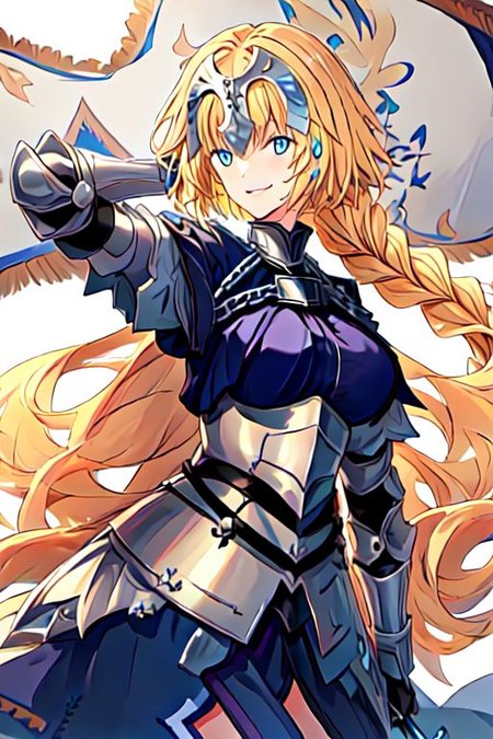 solo, 1girl, solo_focus, 
jeanne_d_arc_fgo, blonde_hair, long_hair, blue_eyes, breasts, very_long_hair, headpiece, smile, braid, gauntlets, single_braid, large_breasts, bangs, chain