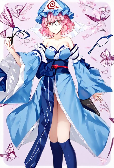 score_9, score_8_up, score_7_up, score_6_up, score_5_up, score_4_up, source_anime, 1girl, 
tamamonomaecosplay, tamamo no mae \(cosplay\), bare shoulders, blue kimono, blue thighhighs, detached sleeves, japanese clothes, kimono, obi, sash, collarbone, thighhighs, wide sleeves, 
yuyuko, saigyouji_yuyuko, bespectacled, glasses, mob_cap, triangular_headpiece, blue_hat, 
masterpiece, best quality, very aesthetic, absurdres,