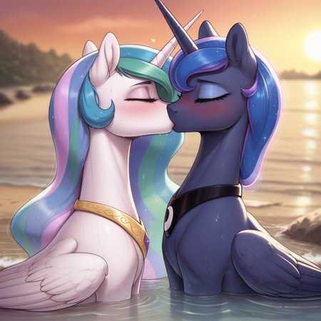 score_9, score_8_up, score_7_up, score_6_up, pony, alicorn, feral, mare, duo, (princess luna), princess celestia, no breasts, beach, outdoors, sunset, tail, photo_realistic, anatomically correct,  blushing, in water, side view, wet body, wet hair, kissing, closed eyes