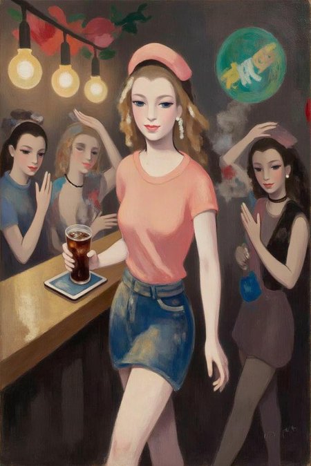malau1 painting
The air buzzes with the energy of a busy bar, a mix of music, conversation, and the clinking of glasses. A barmaid, the embodiment of youthful vibrancy, navigates the lively scene. She wears a peach-coloured T-shirt, the soft fabric contrasting with the smooth, cold glass of coke she carries on a small tablet. Her short skirt adds a playful touch, and a backwards baseball cap hints at a carefree attitude. The setting and atmosphere are palpable: the warm, slightly sticky surface of the bar counter under her fingertips, the dim, colourful lighting that casts playful shadows. Sensory details are abundant: the condensation forming on the glass of coke, the texture of her denim skirt, and the way the bar lights catch the highlights in her hair. Her confident stride, her quick smile, and her efficient movements. Stylistically, the image draws inspiration from the vibrant, candid shots of nightlife photographers, with a touch of the stylized realism found in contemporary illustration. There's a deliberate contrast between the barmaid's youthful energy and the slightly worn, lived-in atmosphere of the bar, creating a dynamic and engaging image.  <lora:malau1_cap_d6a3e12:1.0><lora:825062358851385759:0>