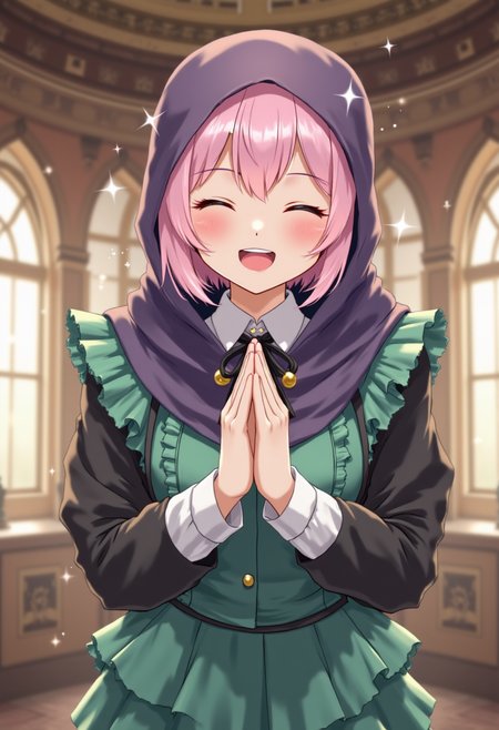 ADD OVERLAY TEXT:"HAPPY EID MUBARAK! UKHTI CIVCHAN". Create an illustration of a cheerful, anime-style character with short pastel pink hair and rosy cheeks. The character should have a bright, radiant smile with closed eyes and small sparkles around their head. They are wearing a dark purple hood over a dark coat with white cuffs, paired with a vibrant green dress featuring ruffled details. The character's hands are clasped together in a prayer-like gesture, expressing gratitude or excitement. The background is an elegant indoor setting with large arched windows allowing soft, golden light to fill the space, and the walls have classic wooden paneling or ornate detailing. The overall mood should be warm, positive, and inviting.
ADD OVERLAY TEXT:"HAPPY EID MUBARAK! UKHTI CIVCHAN"