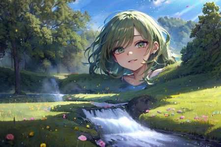 (masterpiece:1.4), 4K8K, (anime style), (high shutterspeed:1.4), (sharp edges), 
SyFyEye1, FanFo, 
1woman  hands togather,  leaning foward, face focus, smile, closed mouth, 
wearing Celtic style dress, (Detailed face, Detailed eyes, Detailed lips), (solo), 
olive hair, any colored roses, Fantastic, grass firld, river-side,
