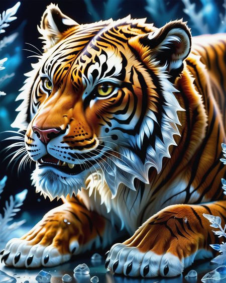 score_9, score_8_up, score_7_up, intricate details, rating_safe,
<lora:BioIceCrystalsPONY:1>, 1boy(made out of Jed-Blmicry, bioluminiscence, translucent,
feral furry, Tiger,
full body, looking at the viewer, solo, smiling), detailed background, depth of field, subsurface scattering, 
<lora:ral-chrosc-clr:0.3>, ral-chrosc-clr,
<lora:xl_more_art-full_v1:0.3>,
<lora:add-detail-xl:0.3>