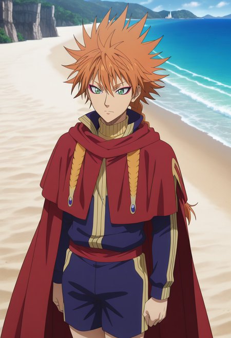 masterpiece, best quality, , anime screencap, , official style, , 1boy, solo, male focus, <lora:leopold_vermillion_ilxl:0.96>, leopold_vermillion, orange hair, green eyes, spiked hair, long hair, braid, single braid, makeup, eyeshadow, eyeliner, cape, wide angle, wide shot, cowboy shot, beach, ocean, waves, island, day, legs together, sparkling eyes, Track shorts, Geometric Turtleneck sweater, , , Cross