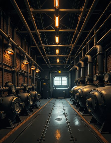 A highly detailed and realistic photograph of an industrial boiler room filled with large metal boilers, complex pipe systems, and pressure gauges. The room is dimly lit with a mix of warm yellow lighting from overhead industrial lamps and cool blue reflections from metallic surfaces. The air is slightly hazy with steam escaping from some of the pipes. The floor is made of reinforced concrete with visible stains from oil and water. Various control panels with blinking LED indicators and warning signs are mounted on the walls. The atmosphere is rugged and mechanical, evoking a sense of power and industrial efficiency. The depth of field is sharp, capturing intricate details such as rust on old pipes, the texture of the metal surfaces, and the labels on the control panels. The composition emphasizes symmetry, with pipes and machinery creating a structured, almost futuristic aesthetic.
<lora:SDXLFaeTastic2400:0.4> <lora:extremely_detailed:0.4> extremely detailed, <lora:industrial_boiler_room-i:1>,industrial b01l3r r00m, Masterpiece,best quality,hi res,8k,hi res,8k,award winning,(sharp focus, intricate, highly detailed),
