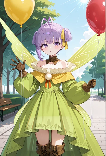1girl, solo,  holding balloon, outdoors, park, sunlight, waving, short hair, purple hair, antenna hair, twintails, single sidelock, yellow ribbon, purple eyes, detached collar, green dress, frills, bare shoulders, brown gloves, brown thigh boots, fairy wings, long skirt <lora:Kazuradrop_Illus:1>, masterpiece, best quality, amazing quality, very aesthetic, absurdres, highres, newest