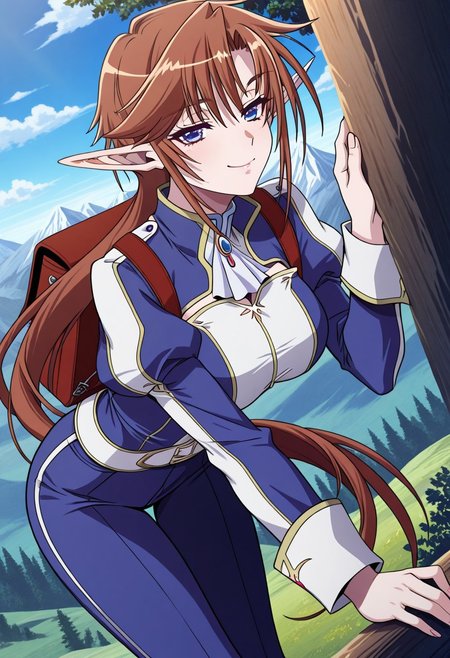 masterpiece, best quality, newest, highres, uncensored, 1girl, yokota mamoru style,1girl,
Elendia Veilt ,long hair,Brown Hair,elf,Pointed Ears,Gloves,long legs
mountain trail, hiking, nature, backpack, adventure, fresh air, , looking at viewer, bent over, smile, smug,, solo,, cowboy shot, dutch angle,blue jeans