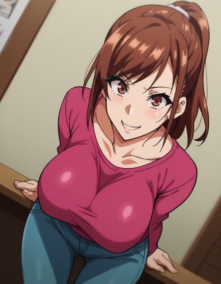 score_9, score_8_up, score_7_up, source_anime,
hisatoazuma, <lora:hisato-azuma-ova-ponyxl-lora-nochekaiser:1>,
hisato azuma, brown hair, brown eyes, large breasts,
shirt, ponytail, pink shirt, long sleeves, collarbone, pants, denim,
indoors, bent over, smile,
looking at viewer, cowboy shot, solo, dutch angle,