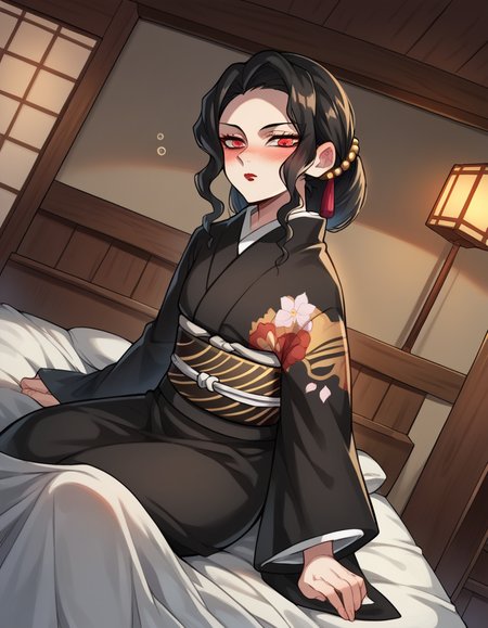 score_9, score_8_up, score_7_up, source_anime,
muzankibutsuji, <lora:muzan-kibutsuji-ponyxl-lora-nochekaiser:1>,
muzan kibutsuji, black hair, hair ornament, red eyes, red lips,
japanese clothes, wide sleeves, kimono, sash, obi, floral print, black kimono,
indoors, bed, bed room, on side, blush, drunk,
solo, dutch angle, looking at viewer, cowboy shot,