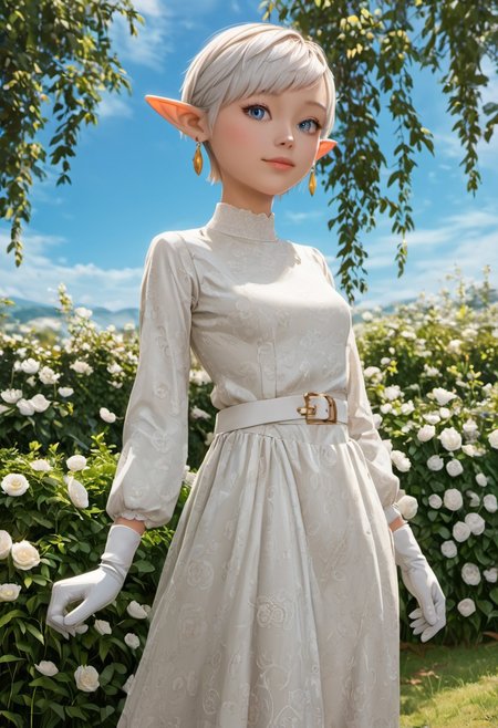 (masterpiece:1.5), best quality, ultra-detailed, (high res), cinematic lighting, beautiful lighting, high quality, studio quality, detailed, insanely detailed, extreme detail, refined detail, perfect detail, max detail, smooth lighting, detailed background, hyper detailed body, beautiful lighting, vibrant lighting, global illumination, absurdres, high-res, dynamic lighting, score_9, score_8_up, score_7_up, ponypositive, 1girl, solo, solo focus, looking at viewer, (narrow waist, skinny, small body, slim), (outdoors, floral garden), bright lighting, daylight, sunshine, cute, kawaii, (closed mouth), no expression, ((standing)), alone, gleaming eyes, large eyes, ((cowboy shot)), (hands at the sides), (rating_safe, sfw), source anime, <lora:xl_more_art-full_v1:0.8> , PonyXLV6_Scores, unity 8k wallpaper, perfect anatomy, <lora:PerfectEyesXL:1> , perfect eyes, <lora:hand 5.5:1> , perfect hands, detailed hands, Edna, white hair, short hair, blue eyes, elf girl, white dress, floral dress, long dress, long sleeve, white gloves, makeup earrings, white roses, Blue sky, daytime, clouds,