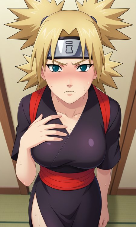 game cg,
pov, from above, hand on own chest,standing,
BREAK
tmrshippuden, 1girl, solo, looking at viewer, quad tails, forehead protector, no pupils,
black kimono, red sash, side slit, long slit, short sleeves,breasts,
blush, sweat,frown, 
simple background,
<lora:Naruto_TemariShippuden_PXL-000018:1>