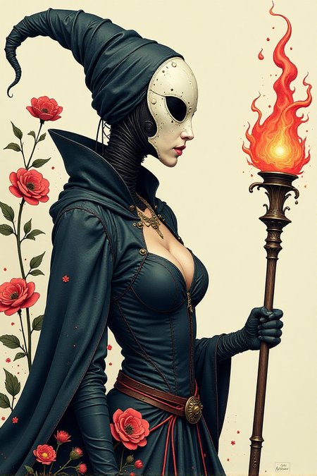 Anna Dittmann style character,digital illustration of a female plague doctor, biomechanical, in a thick line hand-drawn style,watercolor,flowery background, rough, minimalism, side view image,comic art, white plague doctor mask, glowing magical staff finished by Kay Nielsen, opaque paint, mysterious, sexy rococo cleavage, mysteriousâââ