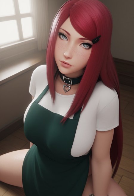 score_9, score_8_up, score_7_up, realistic, 
intimidate ambiance, dim lighting, ((adult))), focus on face, portrait, looking at viewer , from above, 25 years old,<lora:kushina-uzumaki-shippuden-anime-ponyxl-lora-nochekaiser_r1:1>, kushina, long hair, hair ornament, red hair, hairclip, grey eyes, swept bangs, shirt, dress, jewelry, white shirt, short sleeves, apron, bracelet, green apron, collar, large breasts, zPDXL3, 1woman, adult, voluptuous body, body freckles, dark skin, breasts, face, eyes, naughty look,  spread legs, kneeling, arched back, raised sexy, posing, nsfw, seductive, indoors, house, bedroom, window