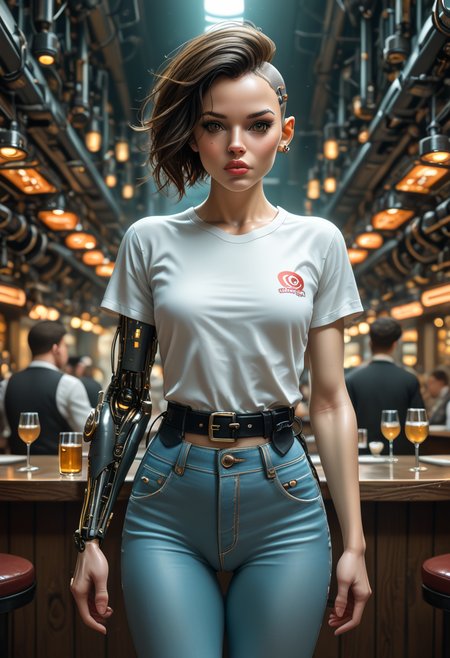 score_9, score_8_up, score_7_up,  24 year old dieselpunk woman, cowboy shot, petite athletic figure, undercut hair with ambrosia yellow tips, full lips, wearing jeans and a t-shirt, waitress, mechanical arms, dimly lit trendy nightclub, neon lights,  <lora:Reelmech_pony_ed_v1_3:0.8> reelmech, mechanical parts, cable, wires, machinery, joints, body suit,