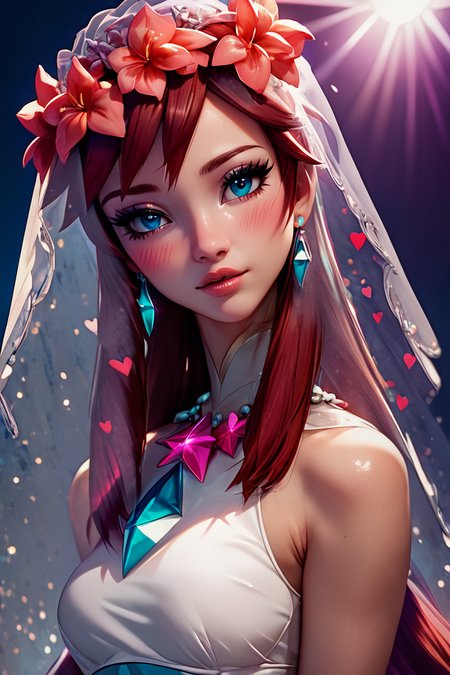 score_9, score_8_up, score_8, medium breasts, (curvy), cute, eyelashes,       BREAK, , zzMelody, dress, bridal veil, sleeveless, <lora:Melody_Pokemon_PDXL:1.0>,  , BREAK,  (ultra realistic,32k, masterpiece:1.2),(high detailed skin:1.1),( high quality:1.1), curvy, head tilt, hearts, blush, lips, curvy, head tilt, shiny clothes, (upper body), looking at viewer, bokeh, luminescent background,  embedding:zPDXL, Expressiveh,  <lora:RlAnmPDXL:1.0>,