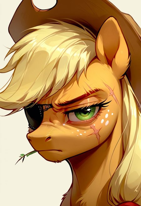 score_9, score_8_up, score_7_up, source_pony, solo, Applejack, looking at the viewer, close up, (feral pony:1.5), scar over one eye, tired, annoyed, eye patch, simple background, (detailed image, high resolution, 5k resolution:1.0), (horror art style:1.1)